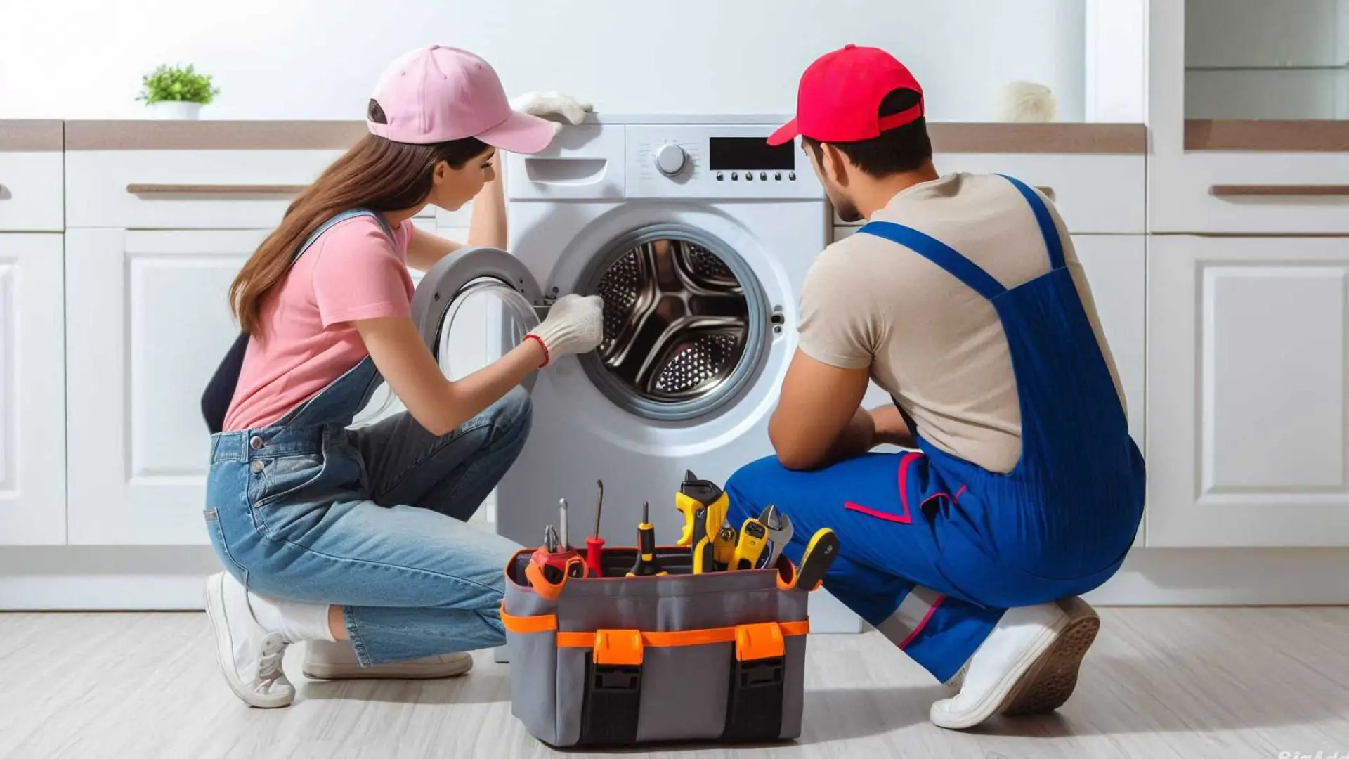 Two technicians inspecting a washing machine together